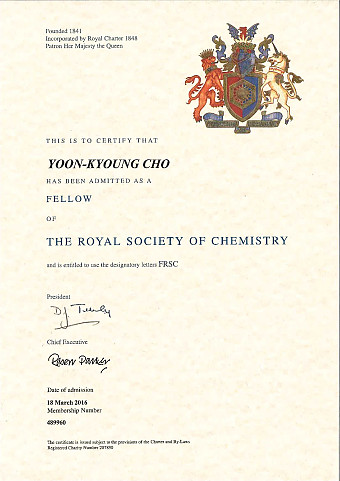 Prof. Yoon-Kyoung Cho has been admitted as a Fellow of the Royal Society of Chemistry(FRSC)에 대한 이미지1